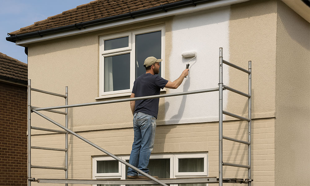 Homeowner painting UK semi-detached house exterior on scaffolding in daylight